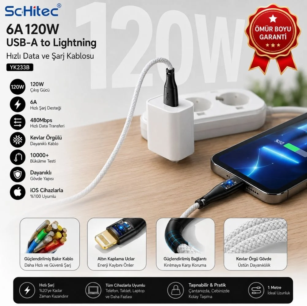 ScHitec 6A 120W UsbA to Lightning 1Metre Hızlı Data ve Şarj Kablosu Beyaz YK233B
