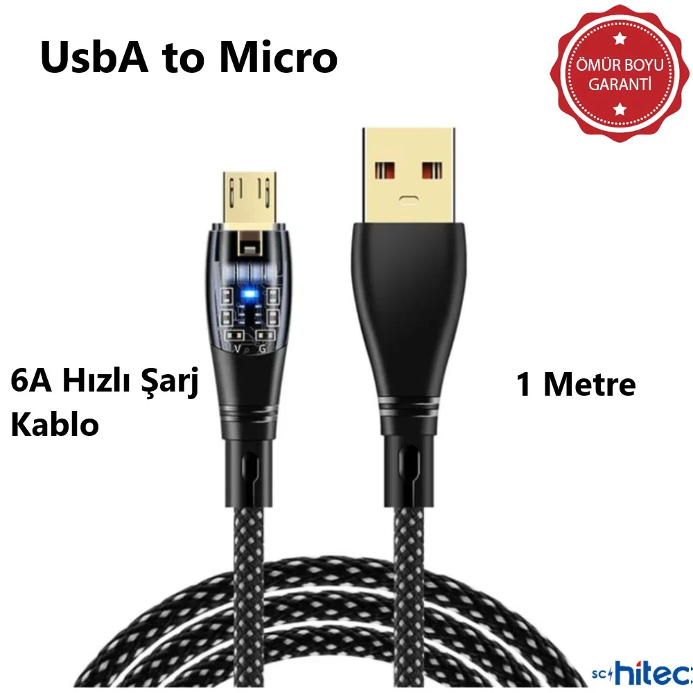 ScHitec 6A 120W UsbA to Micro 1Metre Hızlı Data ve Şarj Kablosu Beyaz YK232B