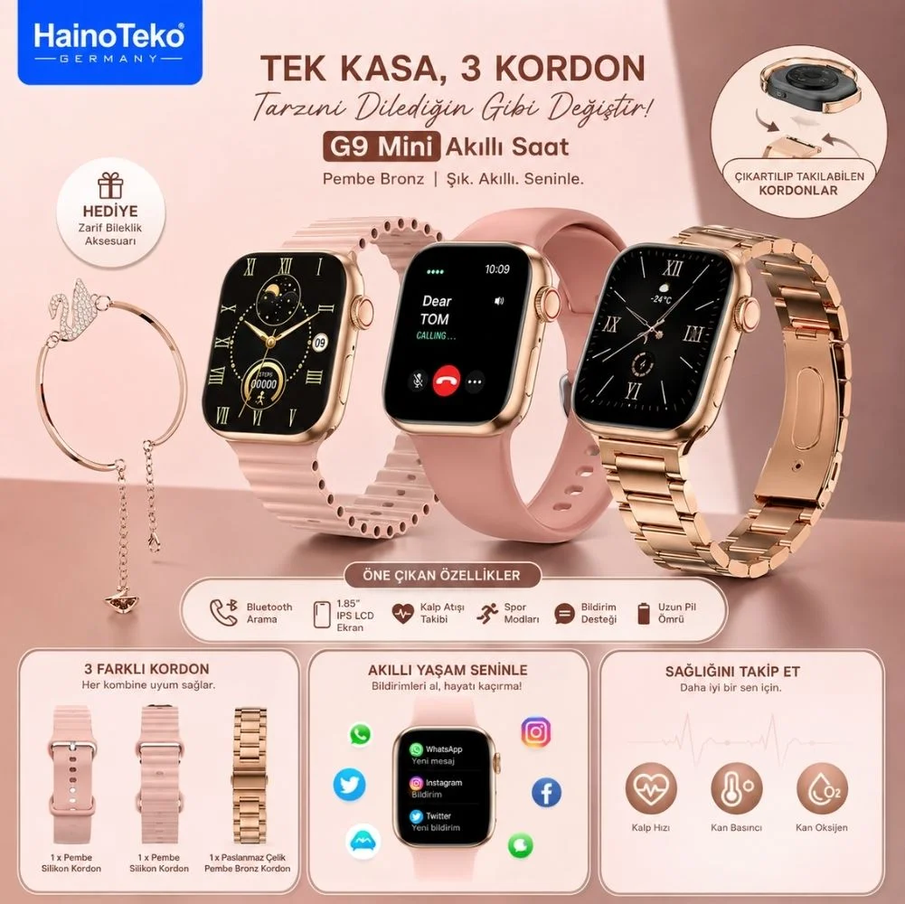 Haino Teko G9 Mini Amoled Ekran Akıllı Saat Bileklik Hediyeli Gold Rose