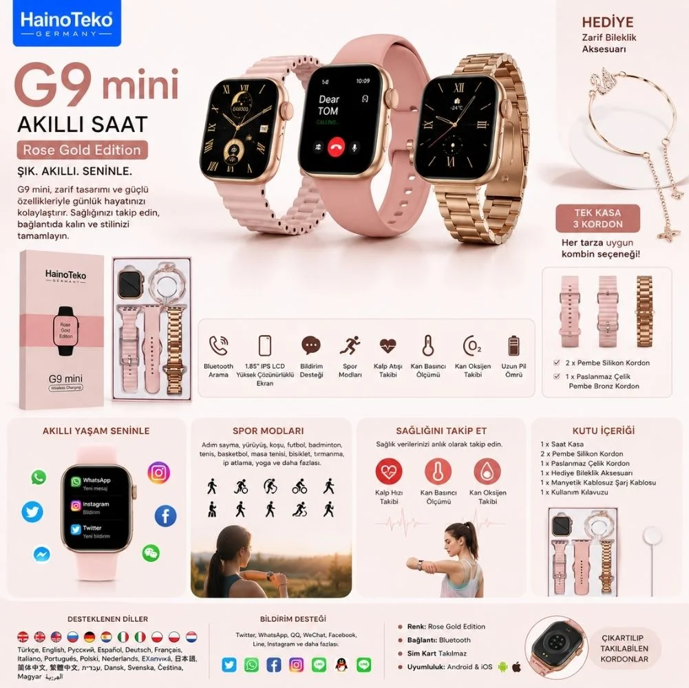 Haino Teko G9 Mini Amoled Ekran Akıllı Saat Bileklik Hediyeli Gold Rose