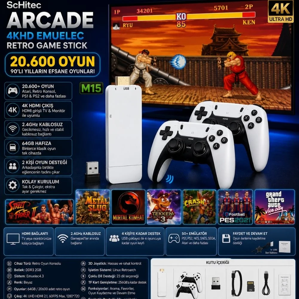 ScHitec Arcade 4KHD Emuelec Retro Game Stick 90 lı Yıllar  Makinası Oyunları 20600 Oyunlu Konsol M15