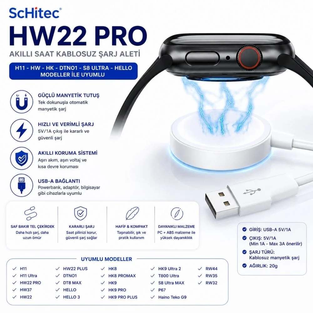 ScHitec HW22 PRO Akıllı Saat Şarj Aleti H11-HW-HK-DTNO1-S8 Ultra-HELLO Modeller İle Uyumlu Beyaz