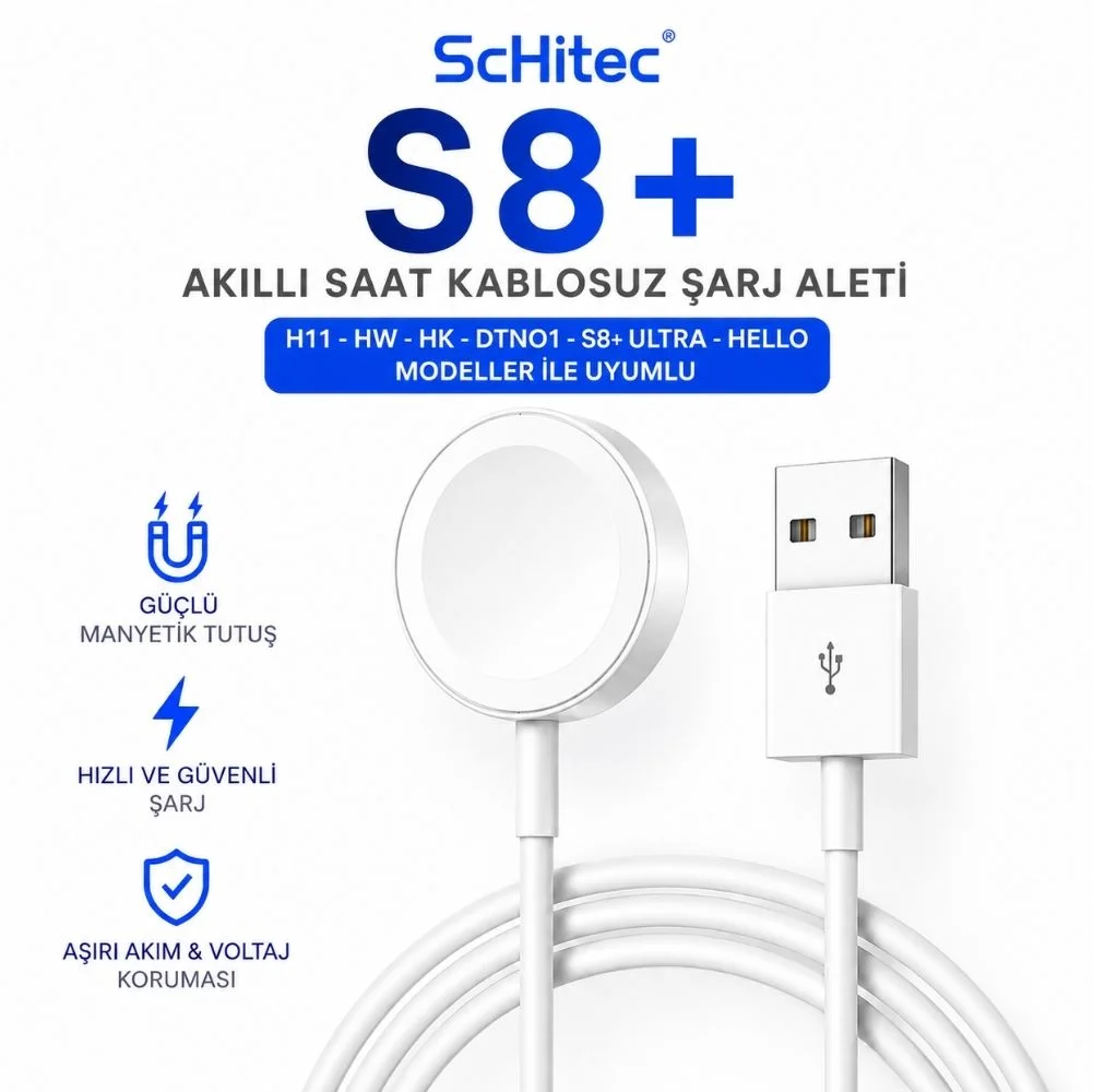 ScHitec S8+ Akıllı Saat Kablosuz Şarj Aleti H11-HW-HK-DTNO1-S8 Ultra-HELLO Modeller İle Uyumlu Beyaz