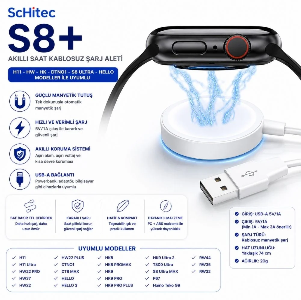 ScHitec S8+ Akıllı Saat Kablosuz Şarj Aleti H11-HW-HK-DTNO1-S8 Ultra-HELLO Modeller İle Uyumlu Beyaz
