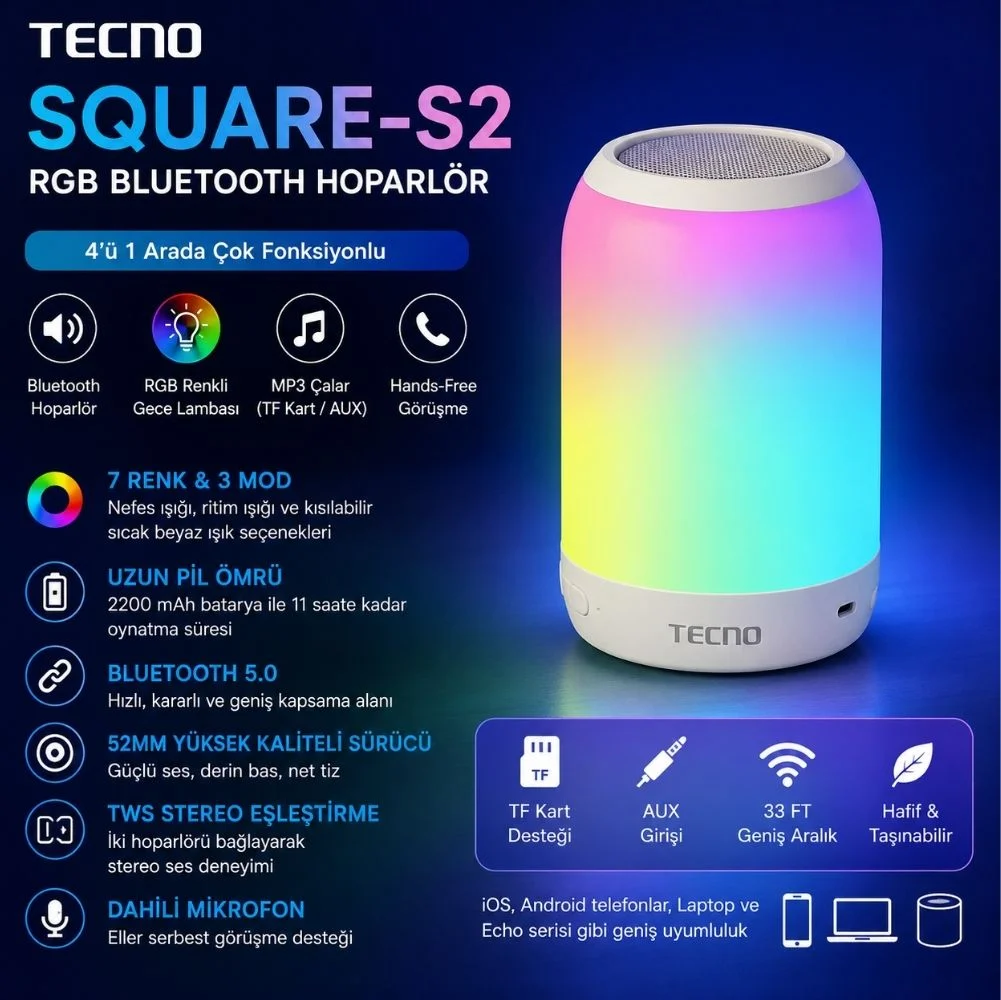 Tecno Square-S2 RGB Renkli Bluethooth Hoparlör Tecno Türkiye Garantili