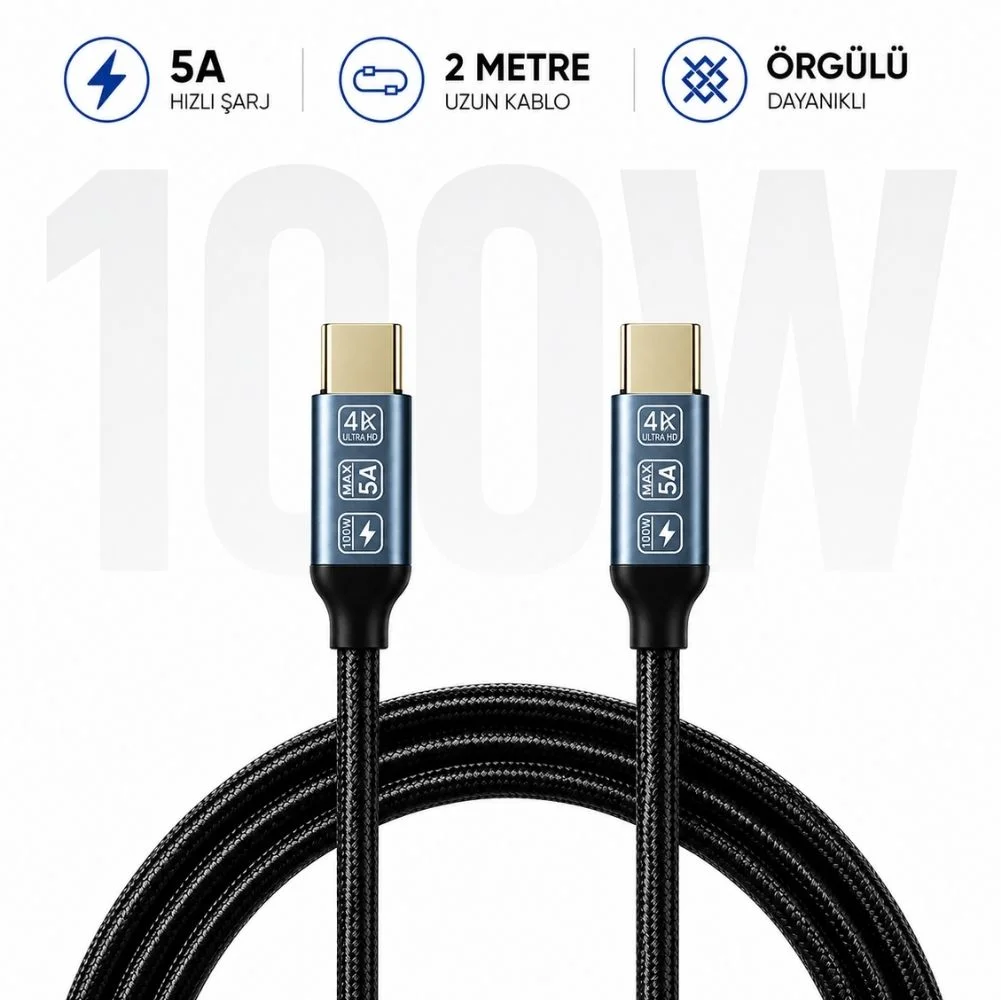 ScHitec 5A 100W 20Gps 4K 60Hz Type-C To Type-C 4.0 Gen2 Hızlı Data ve Şarj Kablosu Örgülü 2Metre Siyah