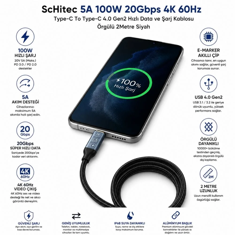 ScHitec 5A 100W 20Gps 4K 60Hz Type-C To Type-C 4.0 Gen2 Hızlı Data ve Şarj Kablosu Örgülü 2Metre Siyah