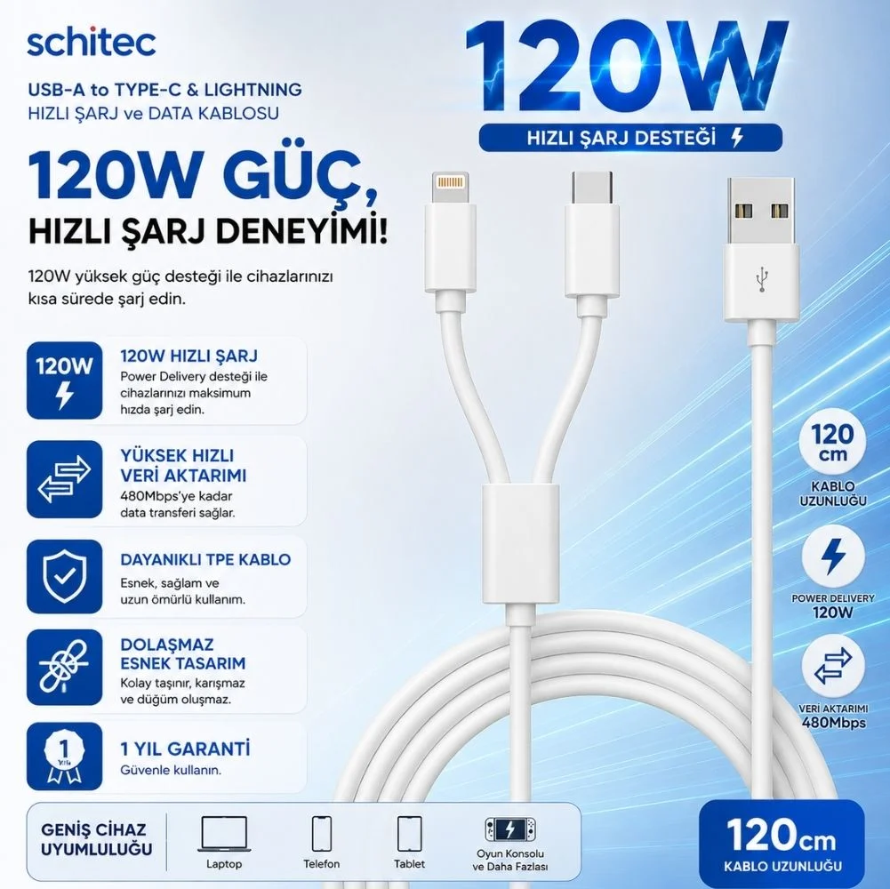 ScHitec 2in1 5A 120W UsbA to Type-C ve Lightning Hızlı Data ve Şarj Kablosu 120cm SX21C