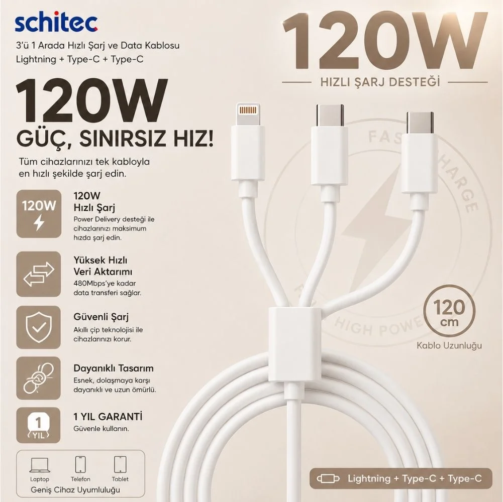 ScHitec 2in1 5A 120W Type-C to Type-C ve Lightning Hızlı Data ve Şarj Kablosu 120cm SX31C