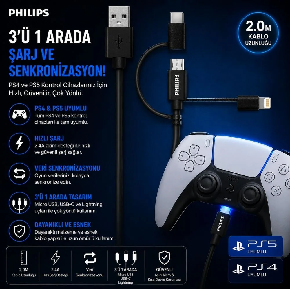 Philips Playstation 4/5 İle Uyumlu Joystick Şarj Kablosu 3in1 Micro Usb-Lightining-Type-C Hızlı Şarj Kablosu 2m DLC3106T