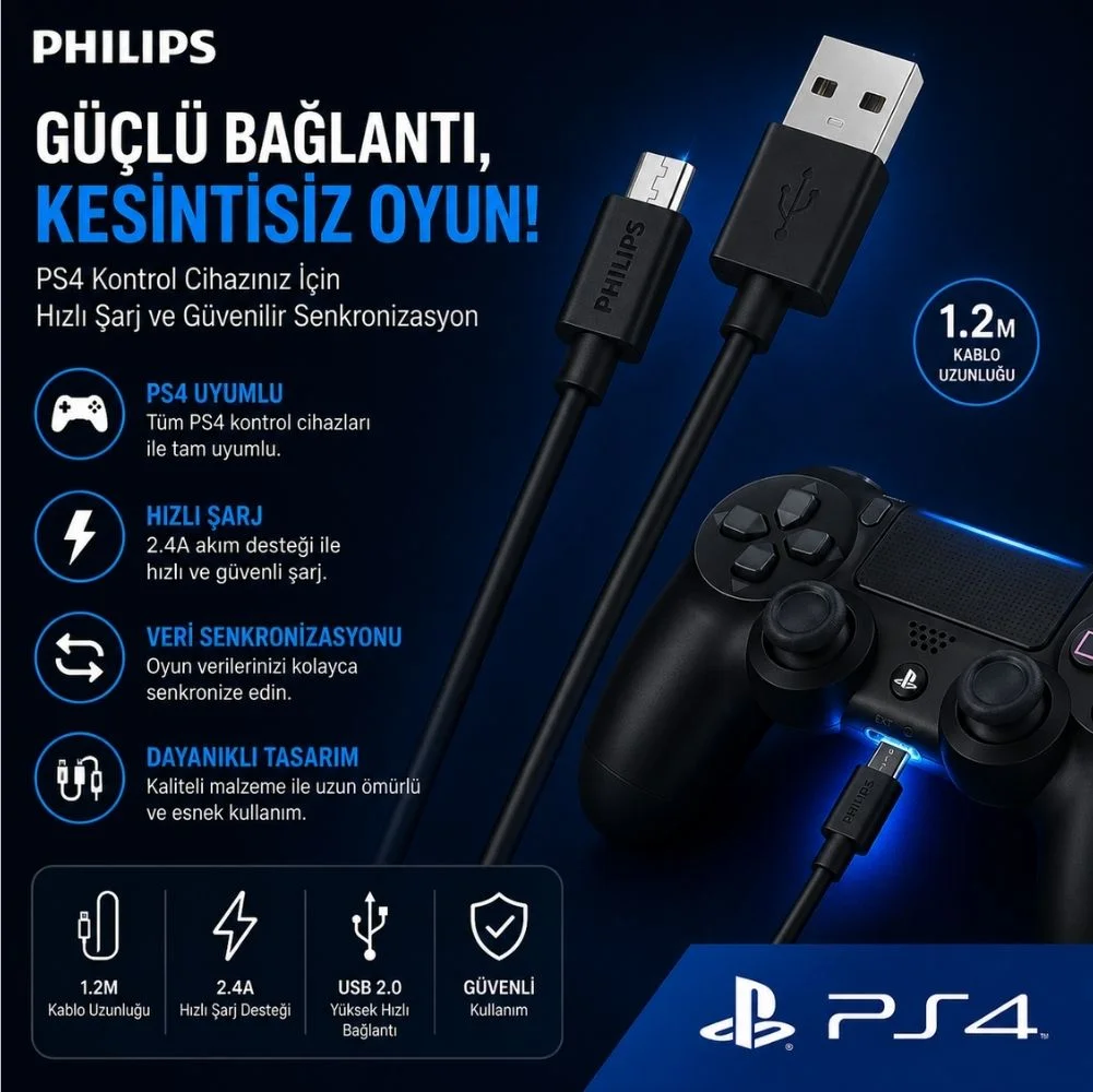 Philips Playstation 4 İle Uyumlu Joystick Şarj Kablosu 3A 45W UsbA to Universal Micro Hızlı Şarj Kablosu 1.2M DLC3104U