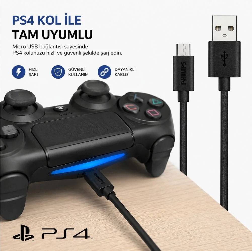 Philips Playstation 4 İle Uyumlu Joystick Şarj Kablosu UsbA to Micro 3A 45W Universal Hızlı Şarj Data Kablo 2Metre DLC3106U