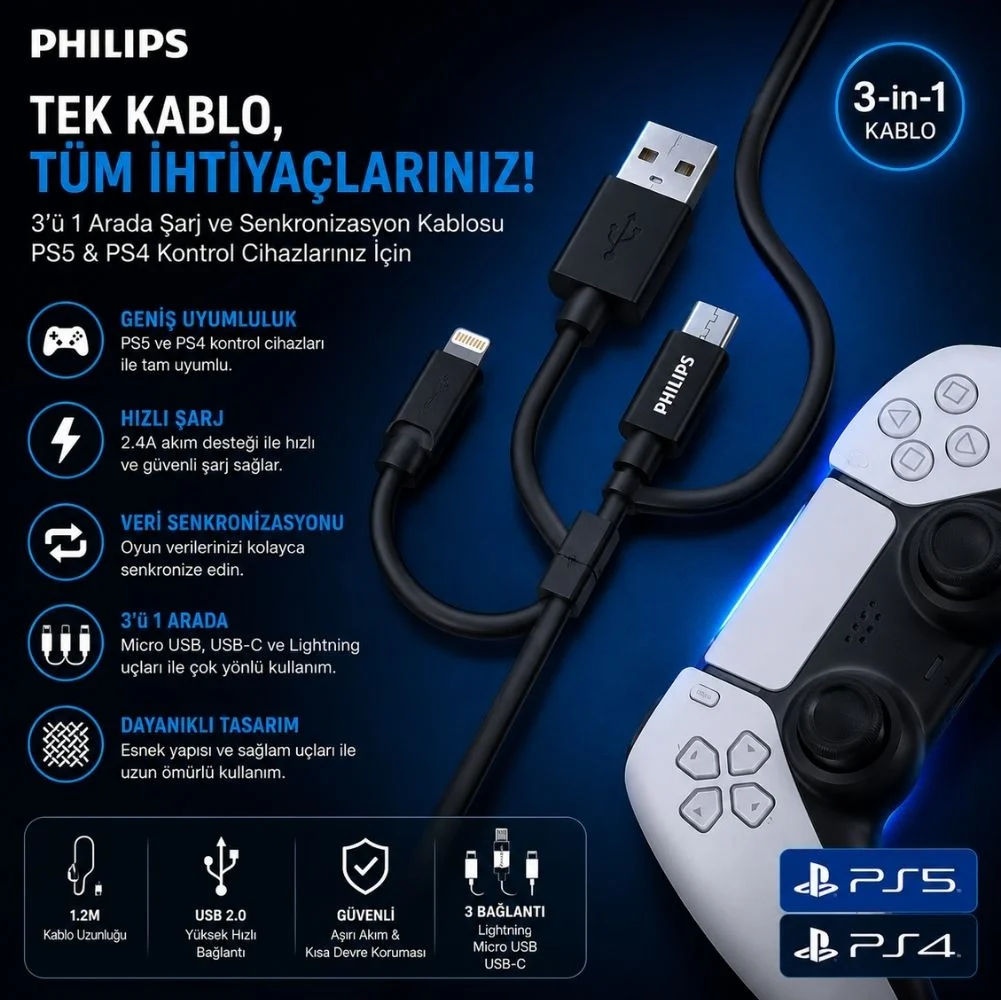 Philips Playstation 4/5 İle Uyumlu Joystick Şarj Kablo 3in1 Micro-Lightining-Type-C Hızlı Şarj Data Kablo 1.2m DLC3104T