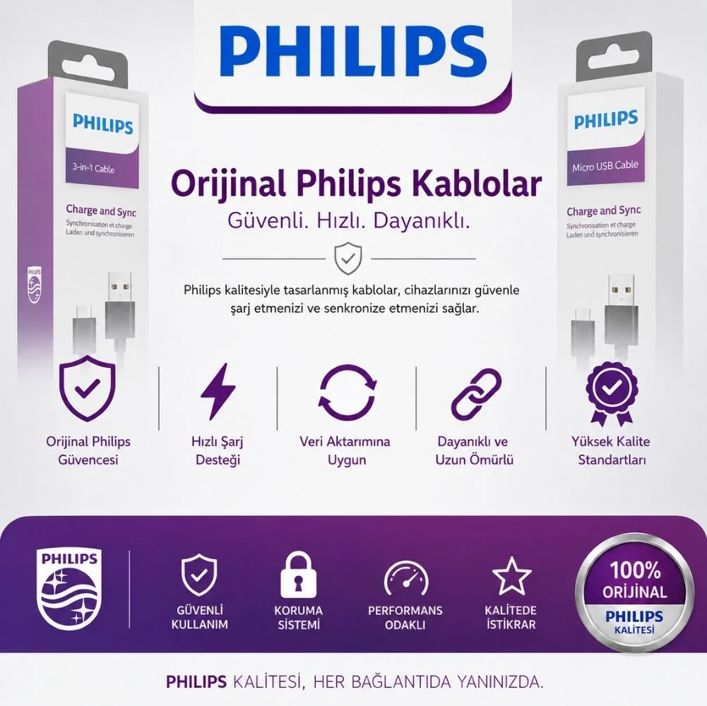 Philips Playstation 4/5 İle Uyumlu Joystick Şarj Kablo 3in1 Micro-Lightining-Type-C Hızlı Şarj Data Kablo 1.2m DLC3104T