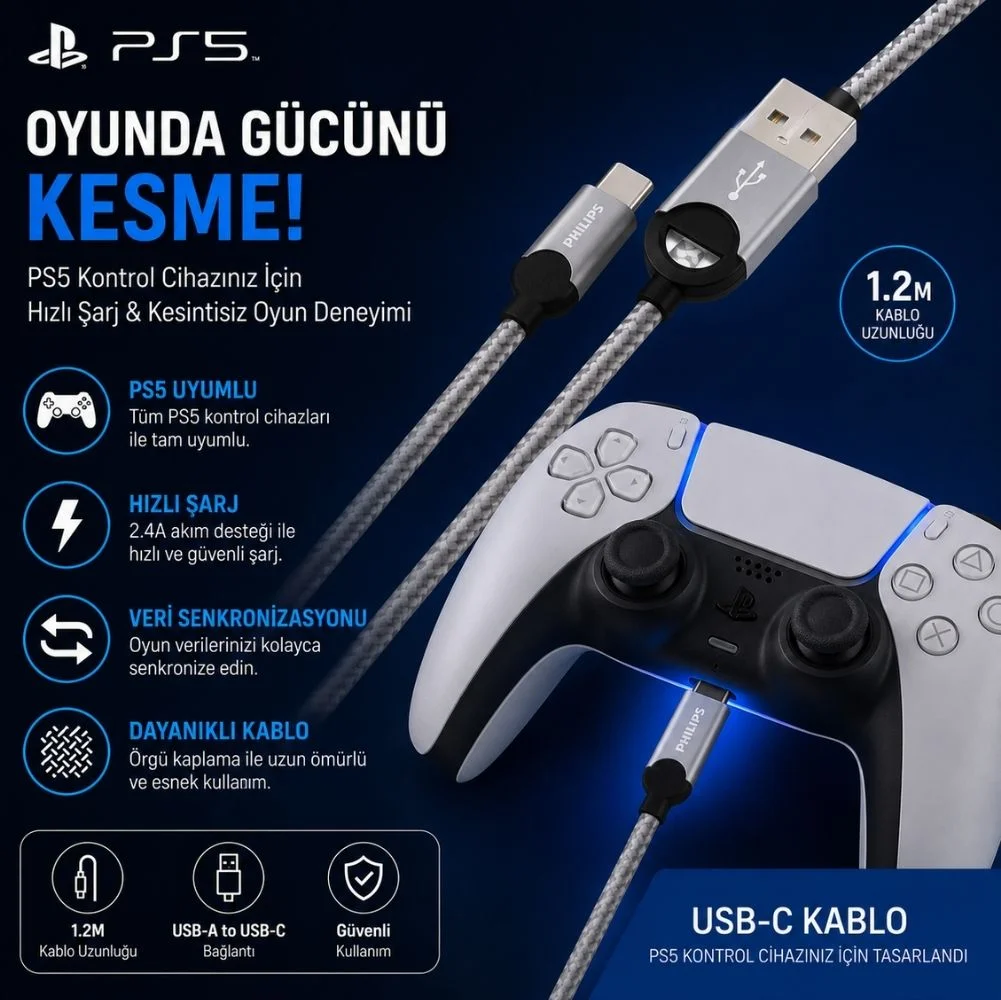 Philips Playstation 5 İle Uyumlu Joystick Şarj Kablosu 5A 100W UsbA to Type-C Örgülü 1.2M Hızlı Şarj Data Kablo DLC2628T