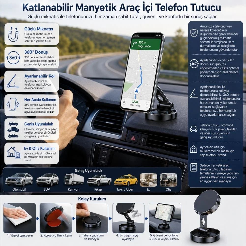 ScHitec Katlanabilir Manyetik Araç İçi Telefon Tutucu Siyah H500