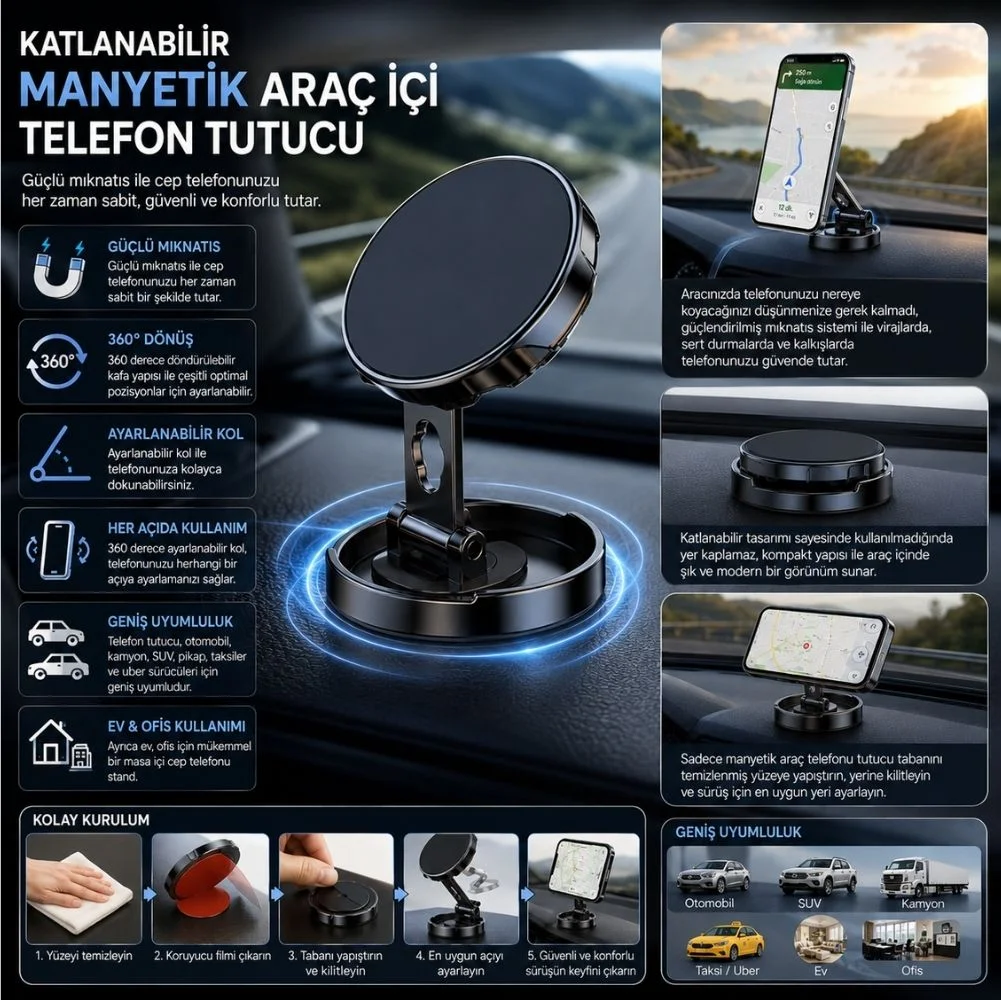 ScHitec Katlanabilir Manyetik Araç İçi Telefon Tutucu Siyah H500