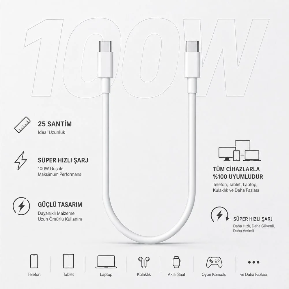 ScHitec 6A 100W Type-C to Type-C 25cm Süper Hızlı Data ve Şarj Kablosu Beyaz