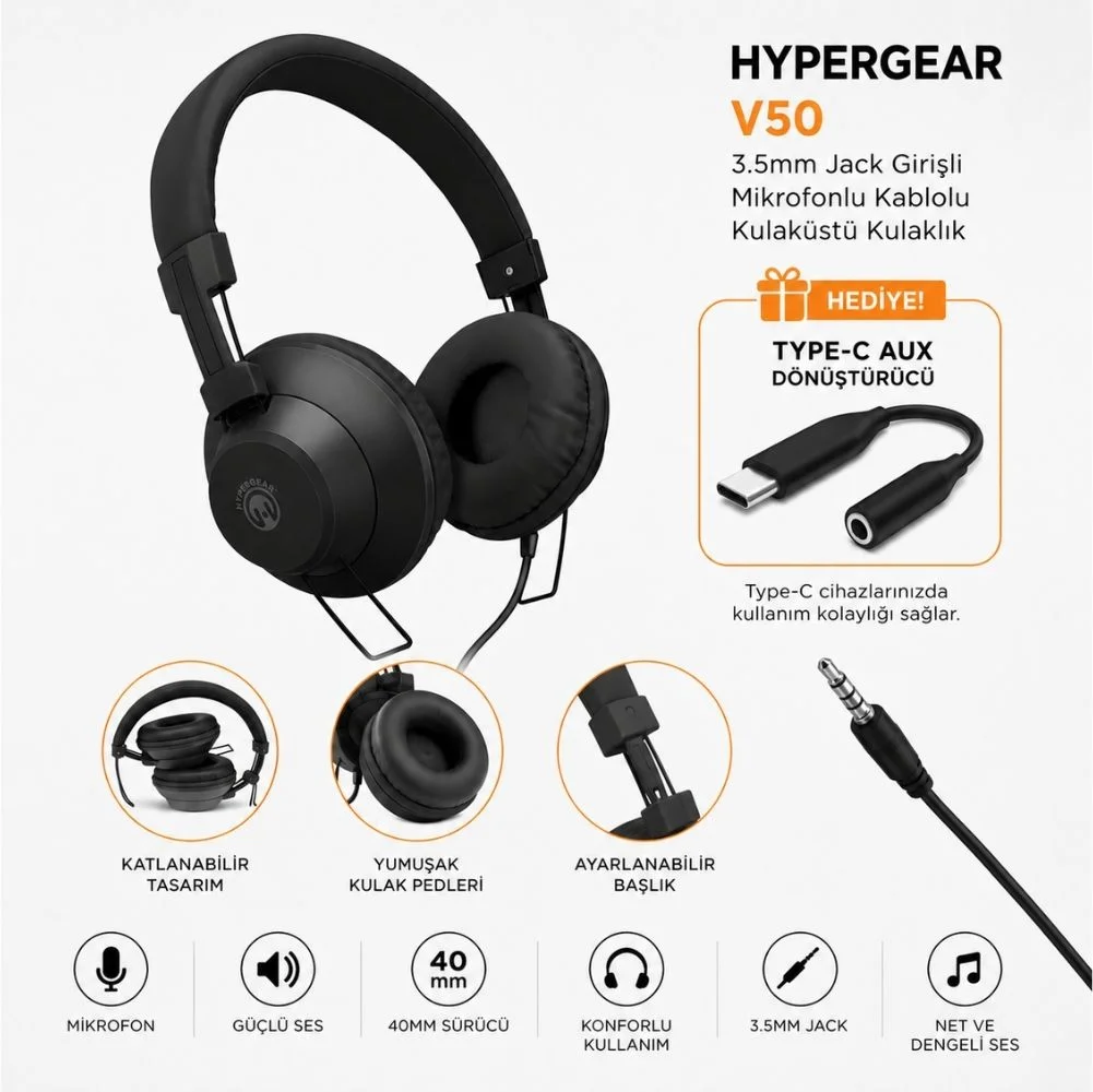 Hypergear V50 Type-C ve 3.5mm Jack Girişli Mikrofonlu Kablolu Kulaküstü Kulaklık Siyah