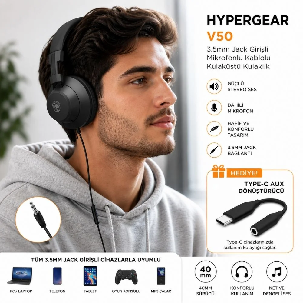 Hypergear V50 Type-C ve 3.5mm Jack Girişli Mikrofonlu Kablolu Kulaküstü Kulaklık Siyah