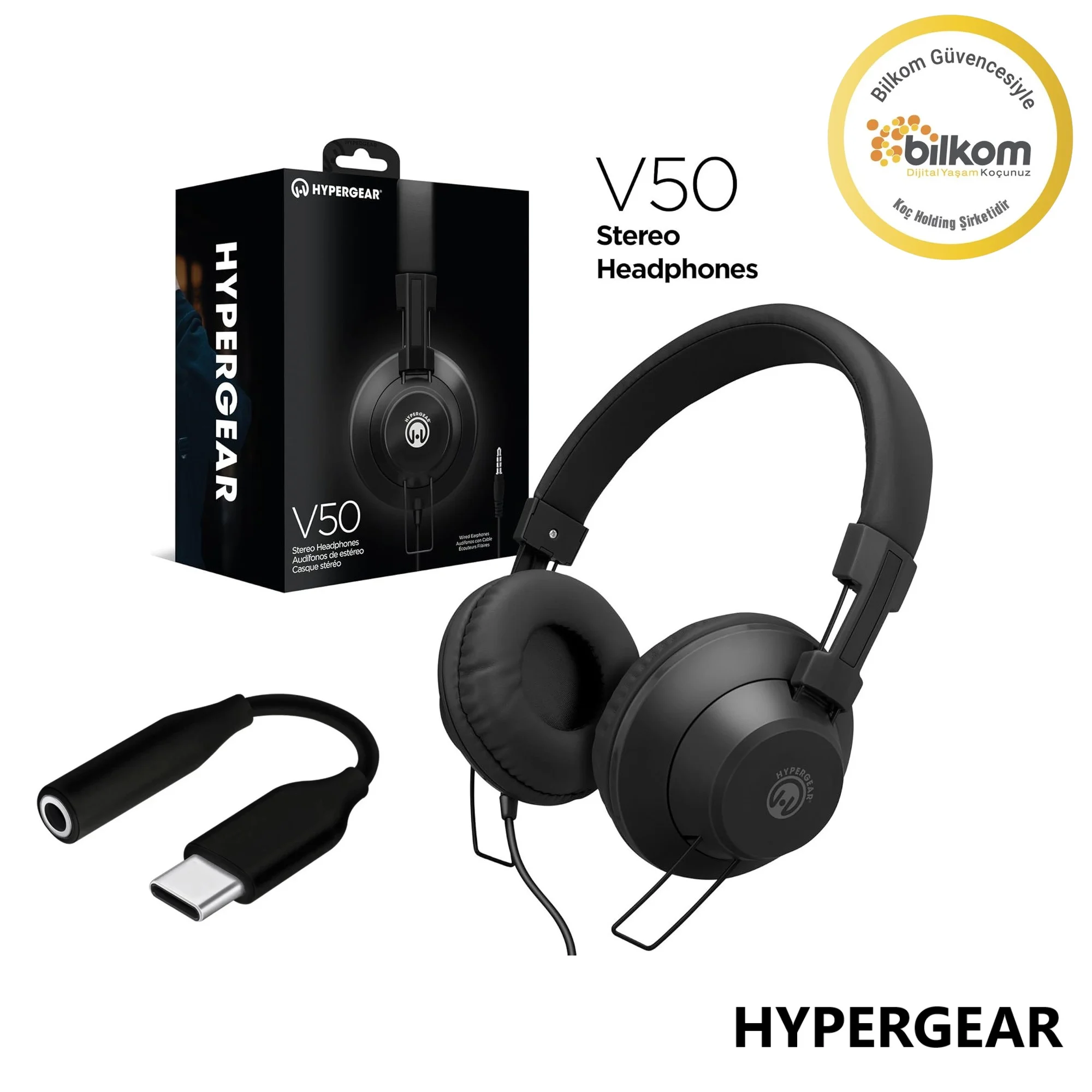 Hypergear V50 Type-C ve 3.5mm Jack Girişli Mikrofonlu Kablolu Kulaküstü Kulaklık Siyah