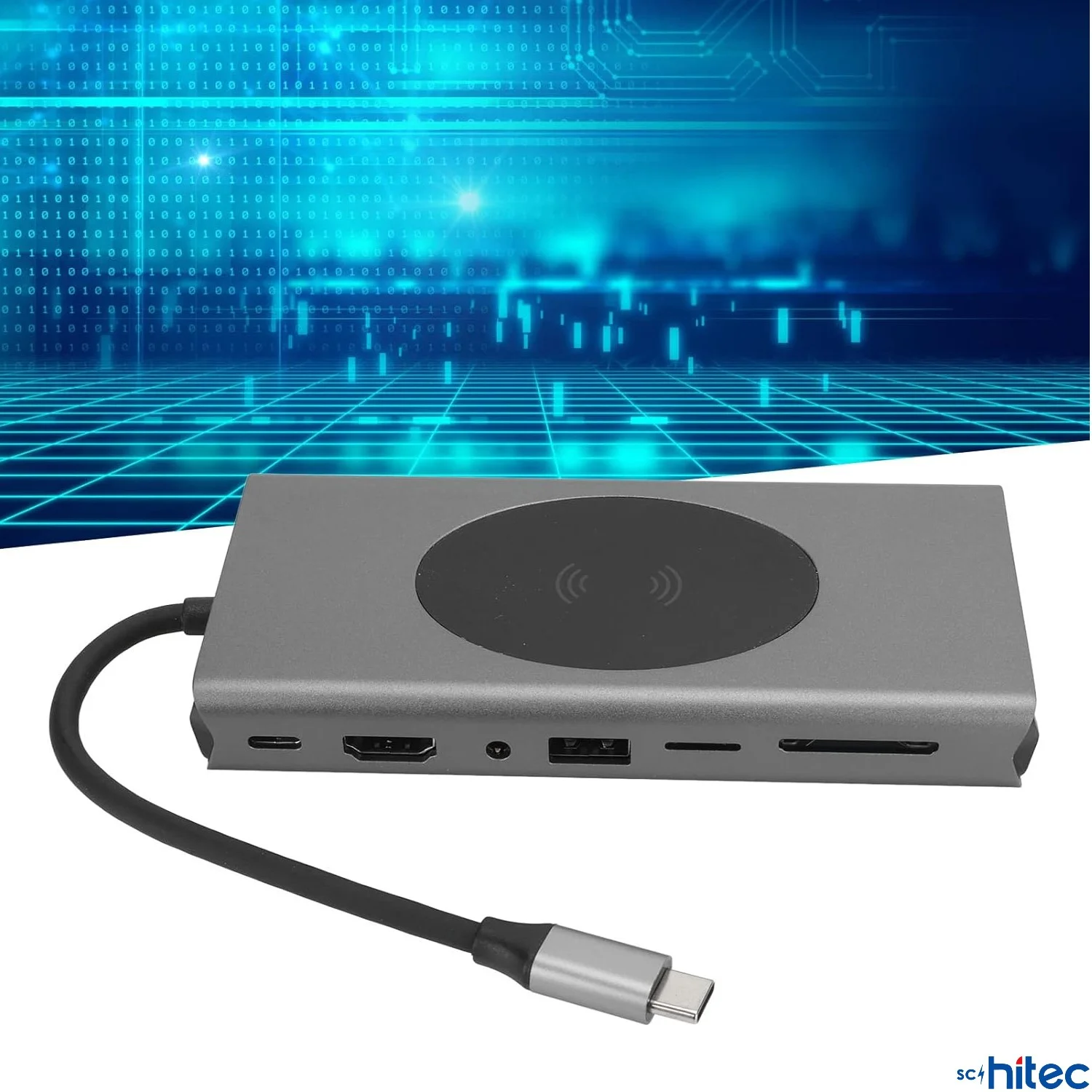 ScHitec 15in1 Hub Kablosuz Şarj/Type-C to 4K HDMI/UsbA 3.0/TF SD/VGA/3.5mm/AUX/PD/RJ45 Gigabit Ethernet Dönüştürücü Adaptör