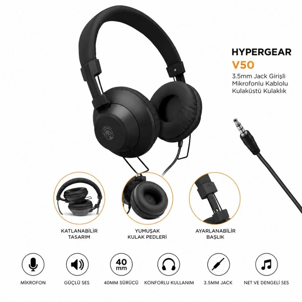 Hypergear V50 3.5mm Jack Girişli Mikrofonlu Kablolu Kulaküstü Kulaklık Siyah