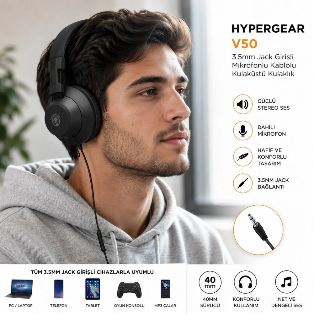 Hypergear V50 3.5mm Jack Girişli Mikrofonlu Kablolu Kulaküstü Kulaklık Siyah