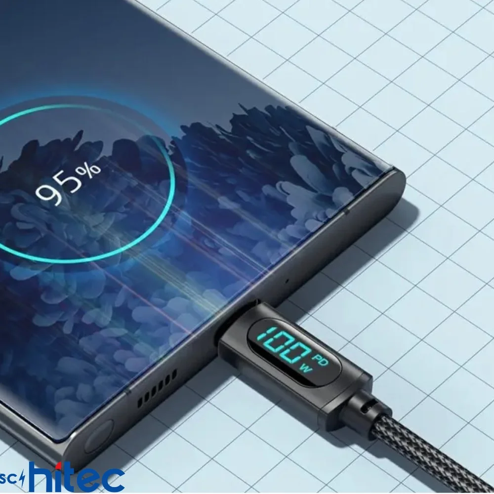 ScHitec PD100W 5A Type-C to Type-C Dijital Göstergeli Örgülü Hızlı Şarj Data Kablosu Siyah