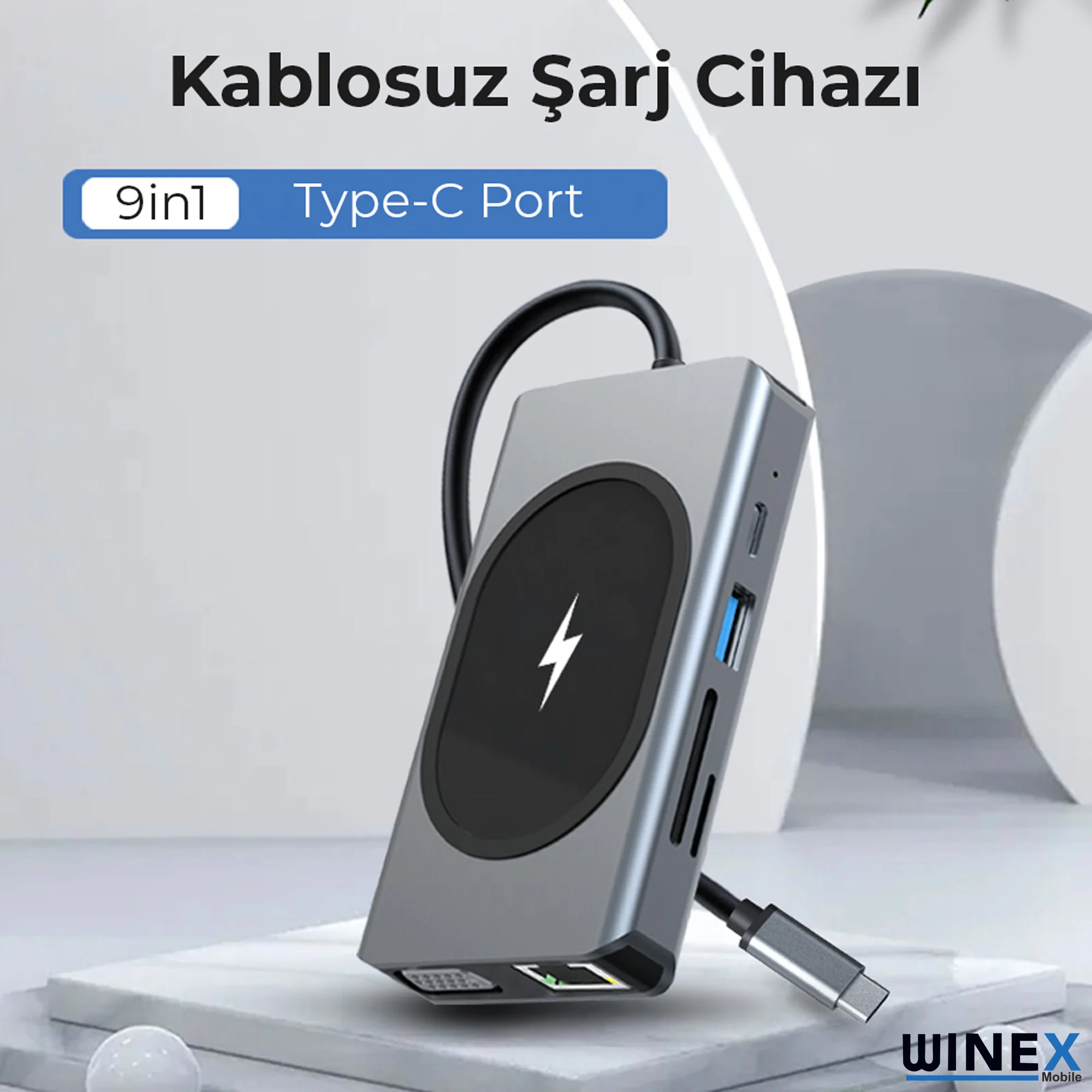 Winex 9in1 USB Type-C Hub Port Adaptör 4K HDMI USB Ethernet PD Girişli 15W Kablosuz Şarj