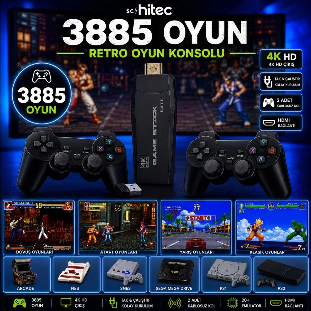 ScHitec Arcade Yeni 4KHD Retro Game Stick 90 lı Yıllar Oyun  Makinası Oyunları 3885 Oyunlu Konsol