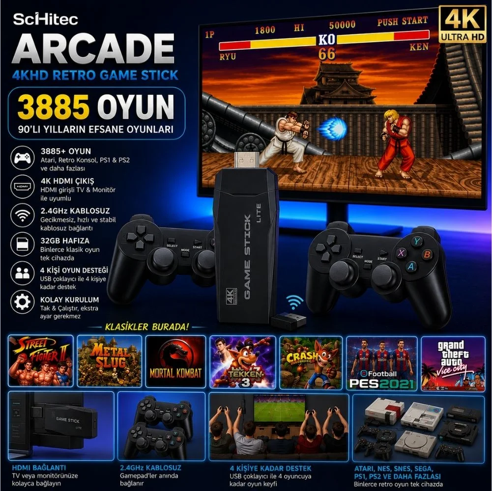 ScHitec Arcade Yeni 4KHD Retro Game Stick 90 lı Yıllar Oyun  Makinası Oyunları 3885 Oyunlu Konsol