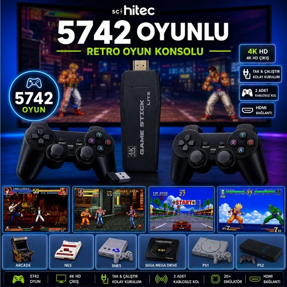 ScHitec Arcade Yeni 4KHD Retro Game Stick 90 lı Yıllar Oyun Makinası Oyunları 5742 Oyunlu Konsol