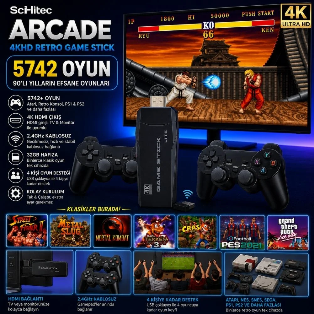 ScHitec Arcade Yeni 4KHD Retro Game Stick 90 lı Yıllar Oyun Makinası Oyunları 5742 Oyunlu Konsol