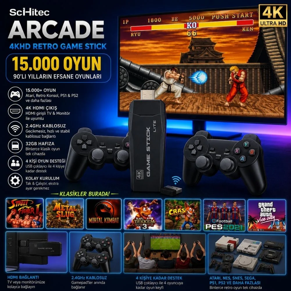 ScHitec Arcade Yeni 4KHD Retro Game Stick 90 lı Yıllar Oyun Makinası Oyunları 15000 Oyunlu Konsol