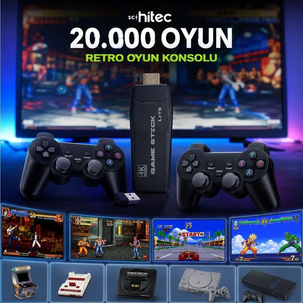 ScHitec Arcade Yeni 4KHD Retro Game Stick 90 lı Yıllar Oyun Makinası Oyunları 20000 Oyunlu Konsol
