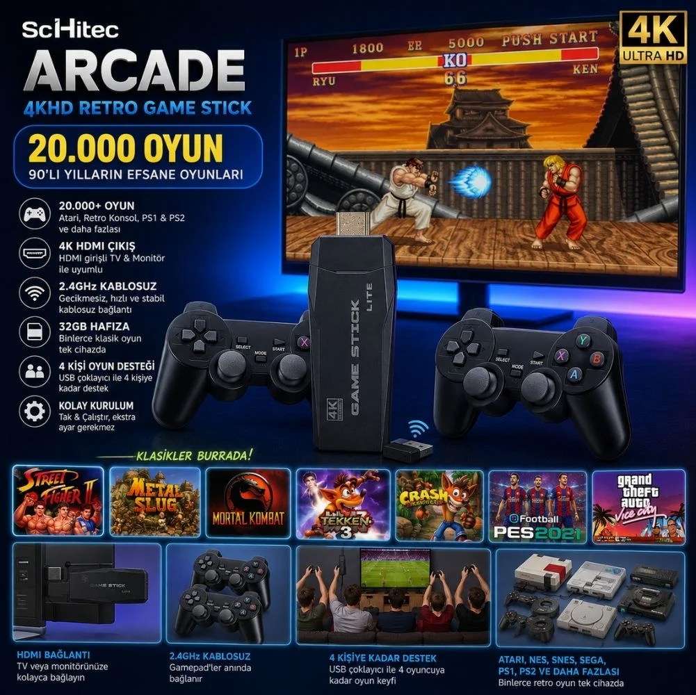 ScHitec Arcade Yeni 4KHD Retro Game Stick 90 lı Yıllar Oyun Makinası Oyunları 20000 Oyunlu Konsol
