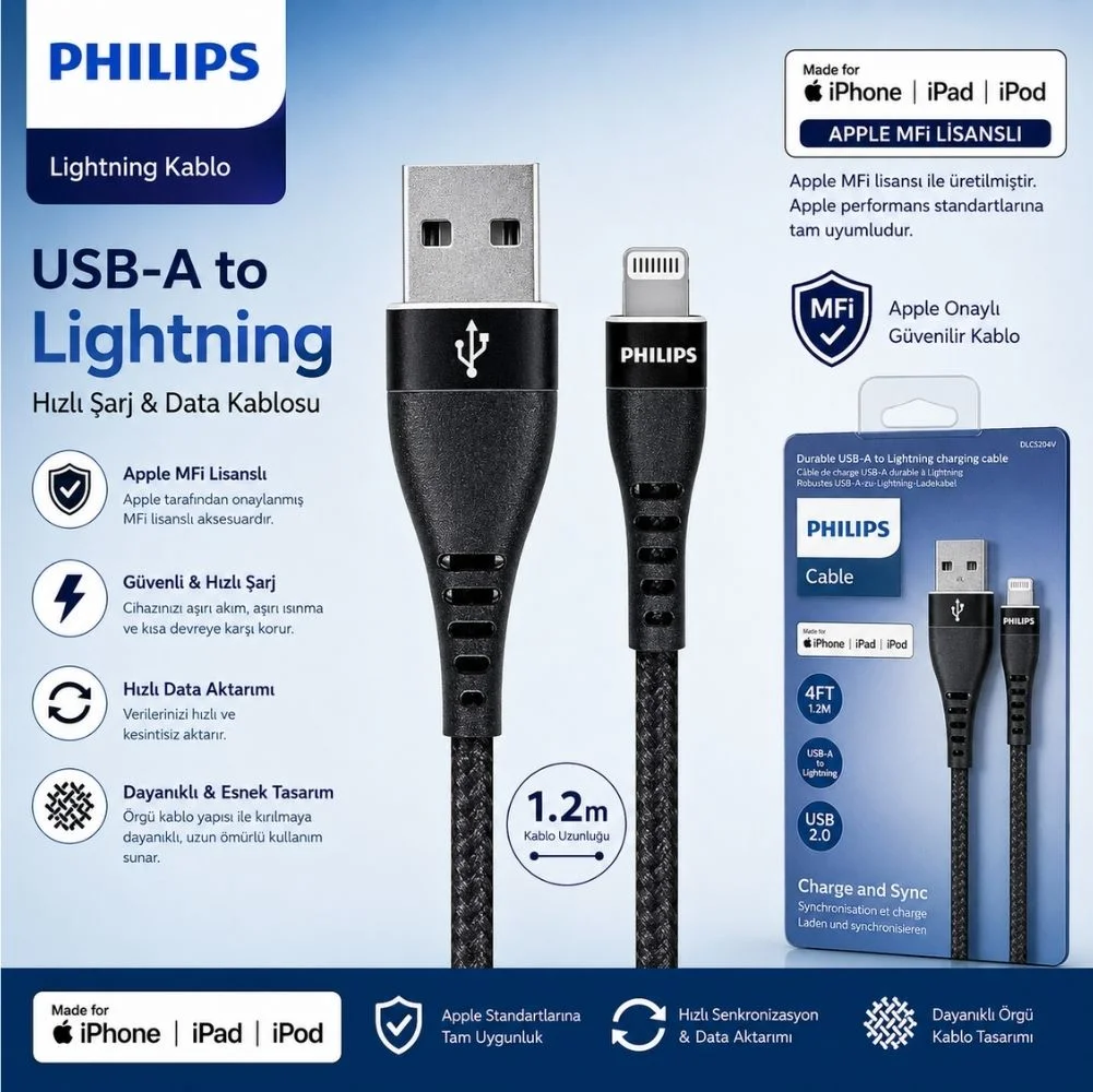 Philips Apple MFI Lisanslı İphone 11 Pro UsbA to Lightning 1.2Metre Hızlı Data ve Şarj Kablosu Siyah