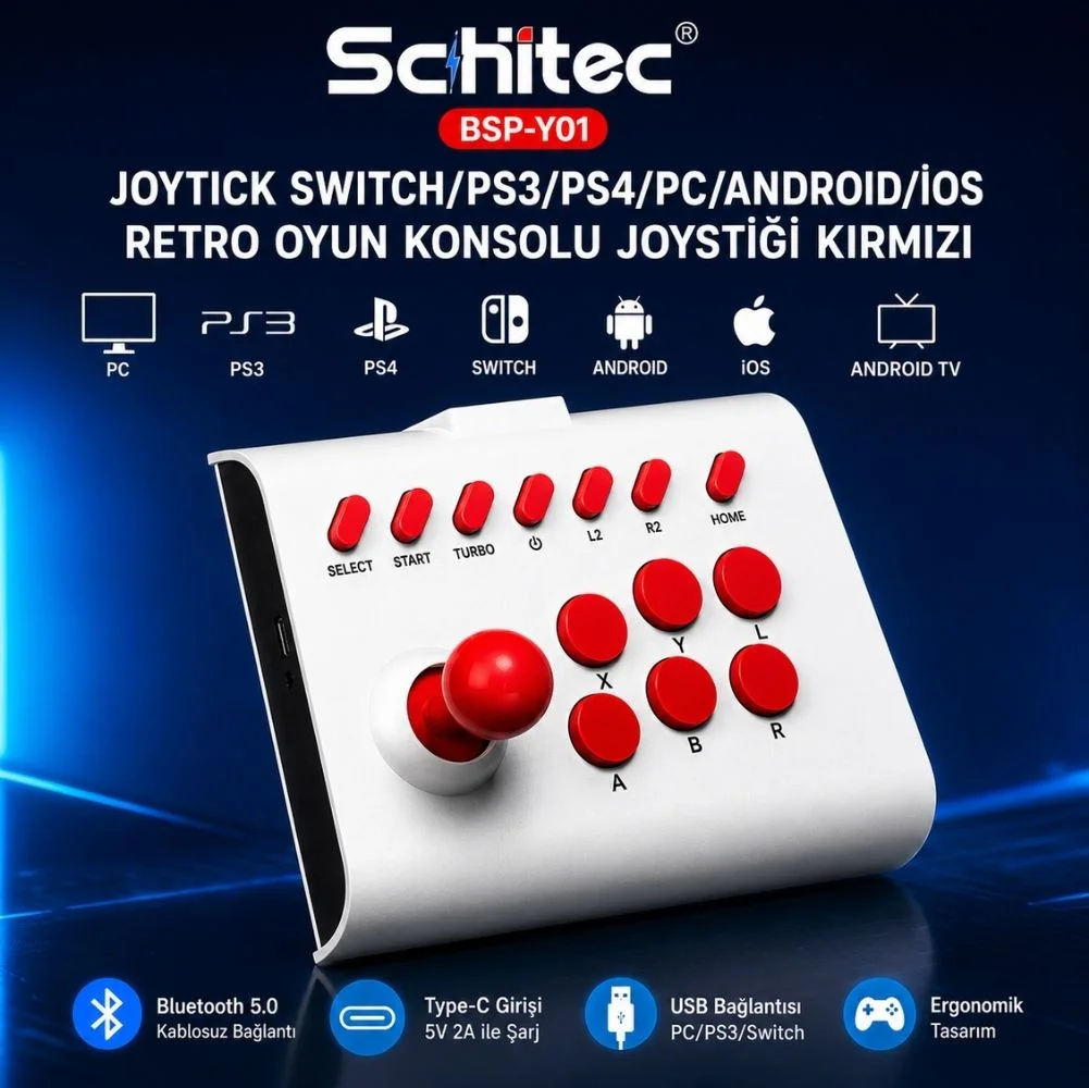 ScHitec BSP-Y01 Joystick Switch/Ps3/Ps4/Pc/Android/İos MF/TV Retro Oyun Konsolu Joystiği Kırmızı