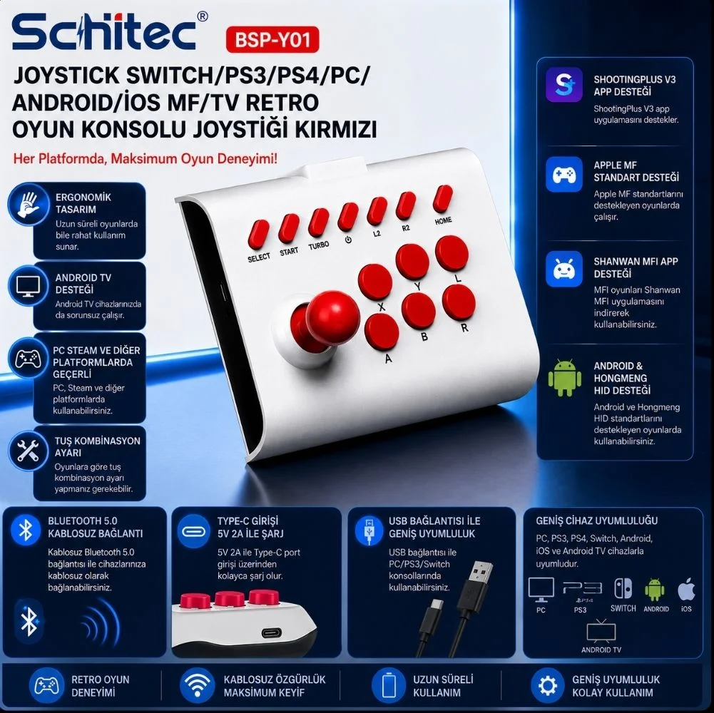 ScHitec BSP-Y01 Joystick Switch/Ps3/Ps4/Pc/Android/İos MF/TV Retro Oyun Konsolu Joystiği Kırmızı