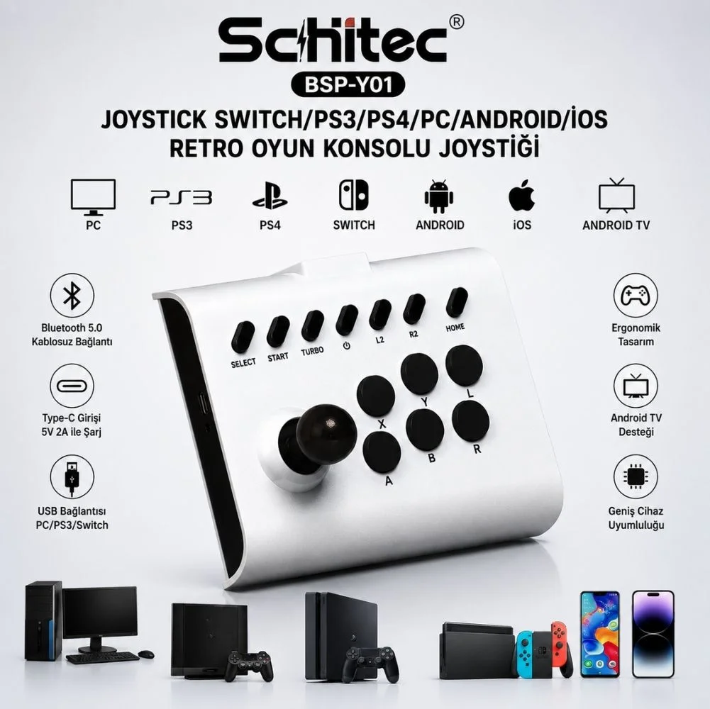 ScHitec BSP-Y01 Joystick N-Switch/Ps3/Ps4/Pc/Android/İos/TV Retro Oyun Konsolu Joystick Beyaz