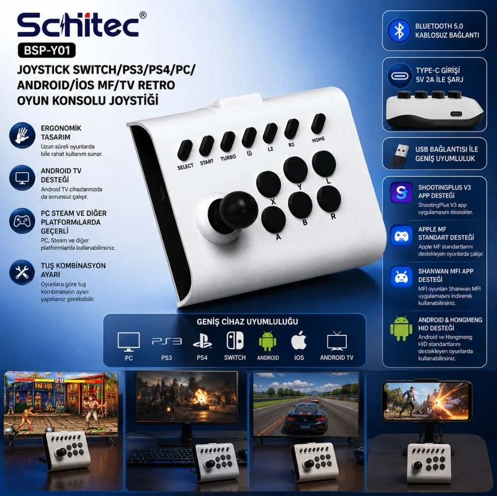 ScHitec BSP-Y01 Joystick N-Switch/Ps3/Ps4/Pc/Android/İos/TV Retro Oyun Konsolu Joystick Beyaz