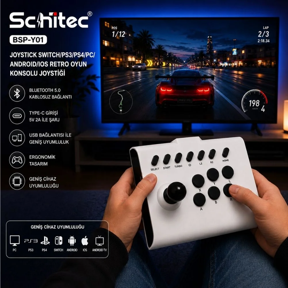 ScHitec BSP-Y01 Joystick N-Switch/Ps3/Ps4/Pc/Android/İos/TV Retro Oyun Konsolu Joystick Beyaz