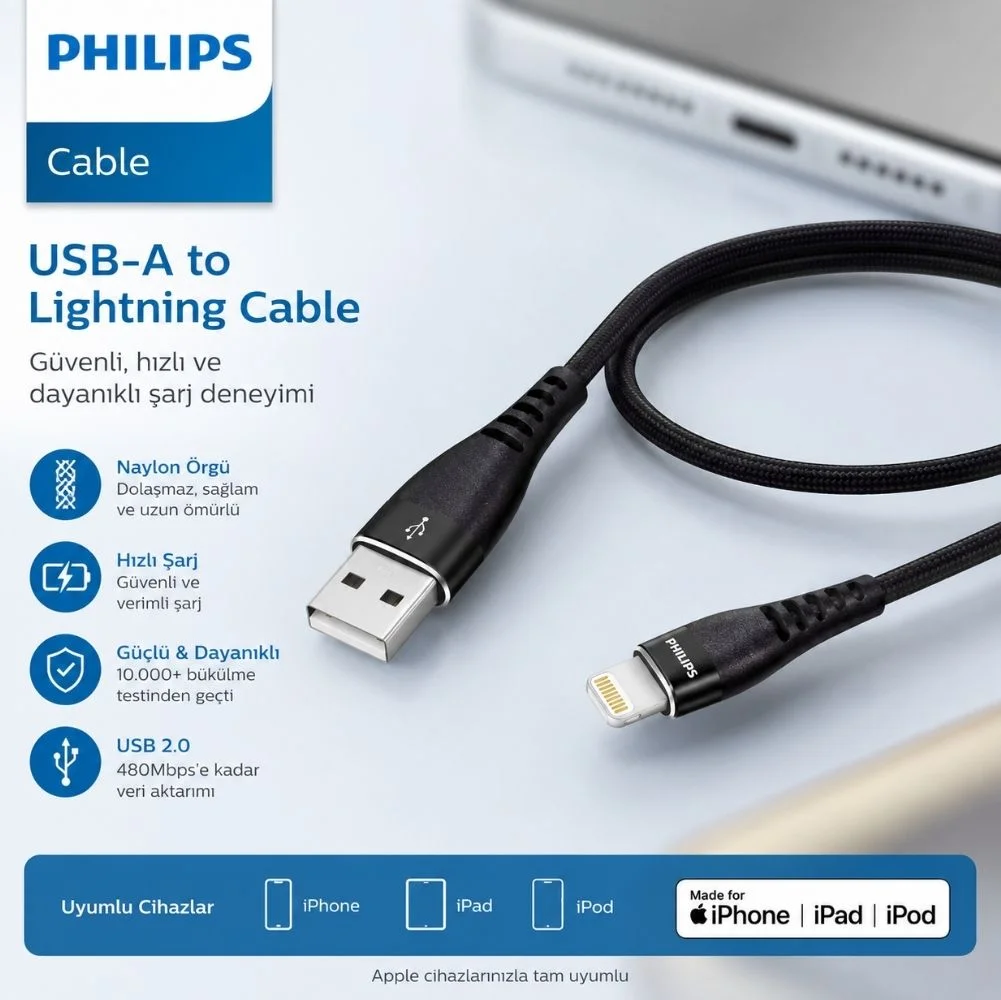 Philips Apple MFI Lisanslı İphone 12 UsbA to Lightning 1.2Metre Hızlı Data ve Şarj Kablosu Siyah