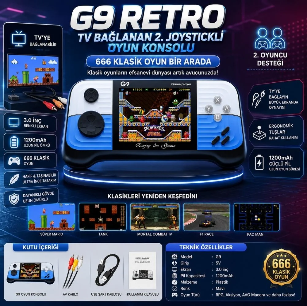 ScHitec G9 Retro 3.0 inç Tv Bağlanan 2.Joystickli Oyun Konsolu Mavi (666 Klasik Oyunlar)
