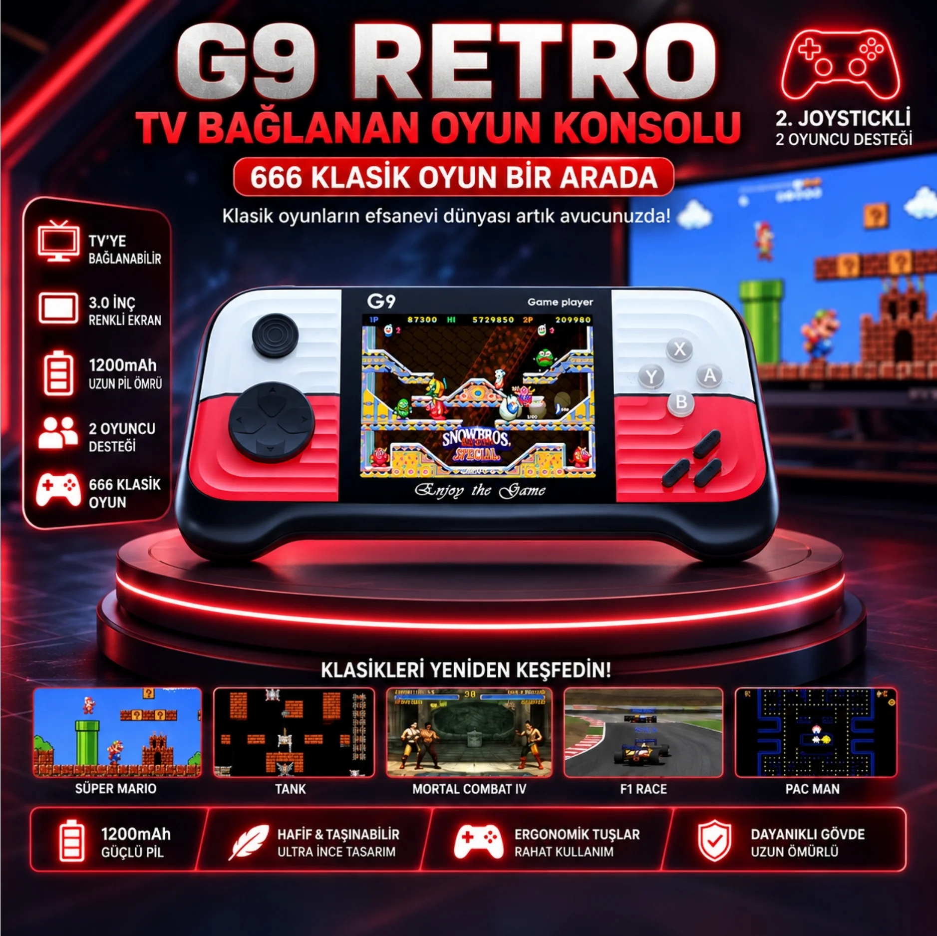 ScHitec G9 Retro 3.0 inç Tv Bağlanan 2.Joystickli Oyun Konsolu Kırmızı (666 Klasik Oyunlar)