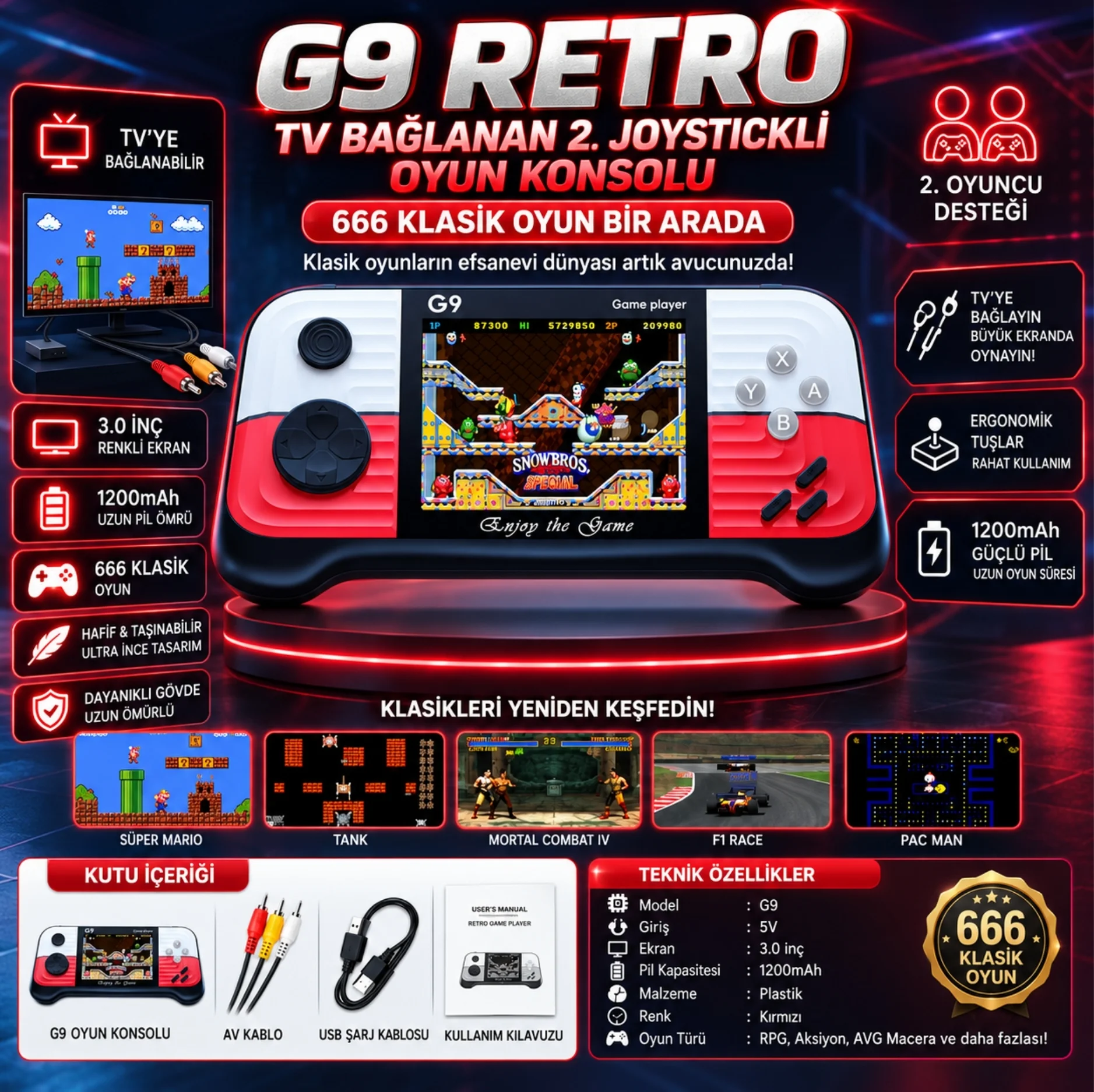 ScHitec G9 Retro 3.0 inç Tv Bağlanan 2.Joystickli Oyun Konsolu Kırmızı (666 Klasik Oyunlar)