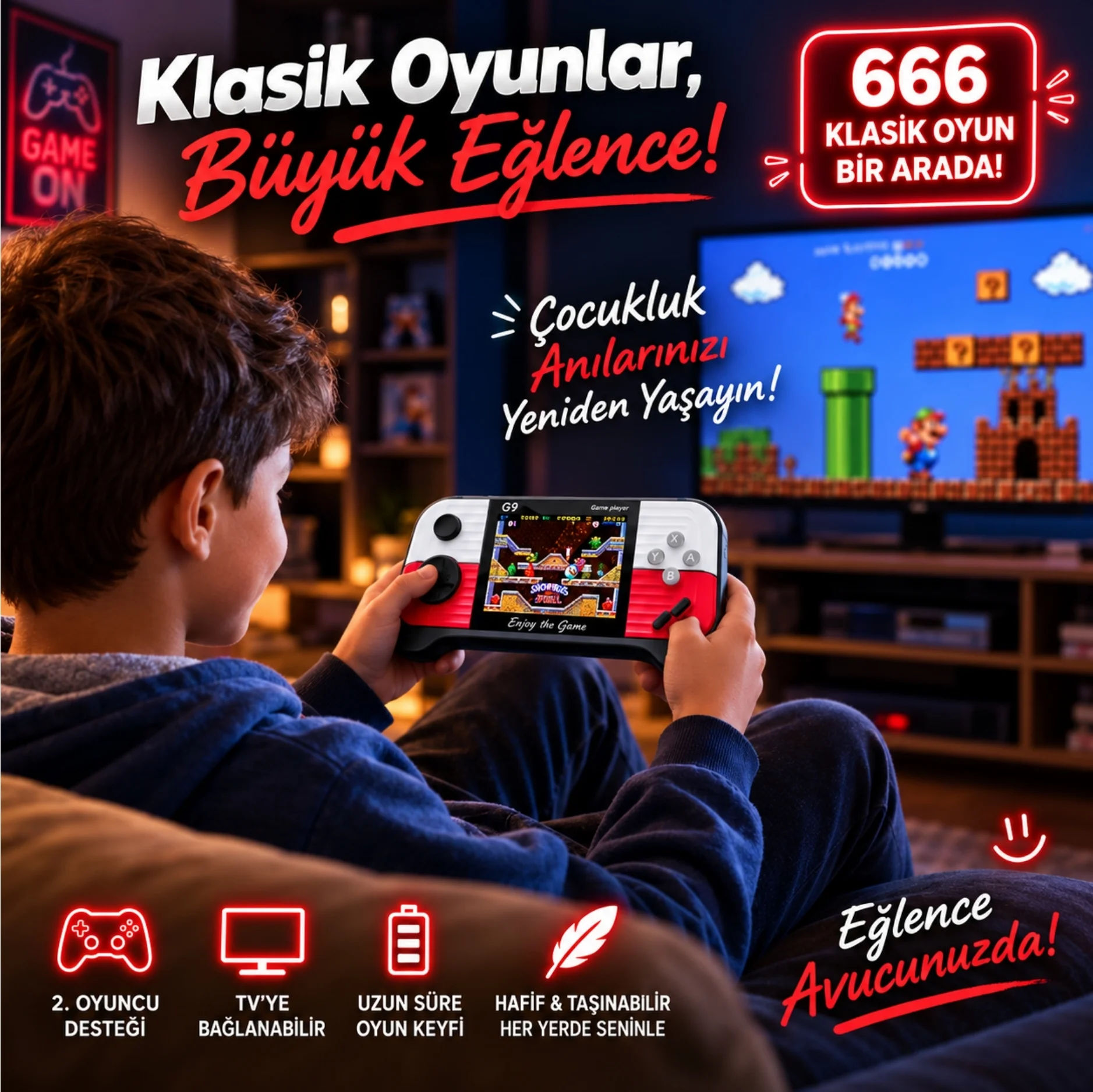 ScHitec G9 Retro 3.0 inç Tv Bağlanan 2.Joystickli Oyun Konsolu Kırmızı (666 Klasik Oyunlar)