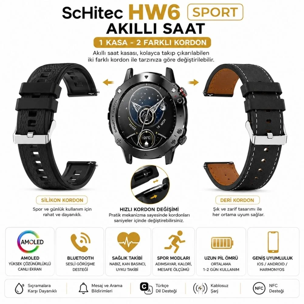 ScHitec HW6 Sport Amoled Ekran Android İos HarmonyOs Uyumlu Akıllı Saat Siyah