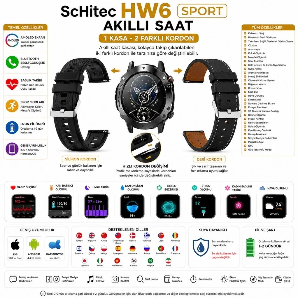 ScHitec HW6 Sport Amoled Ekran Android İos HarmonyOs Uyumlu Akıllı Saat Siyah